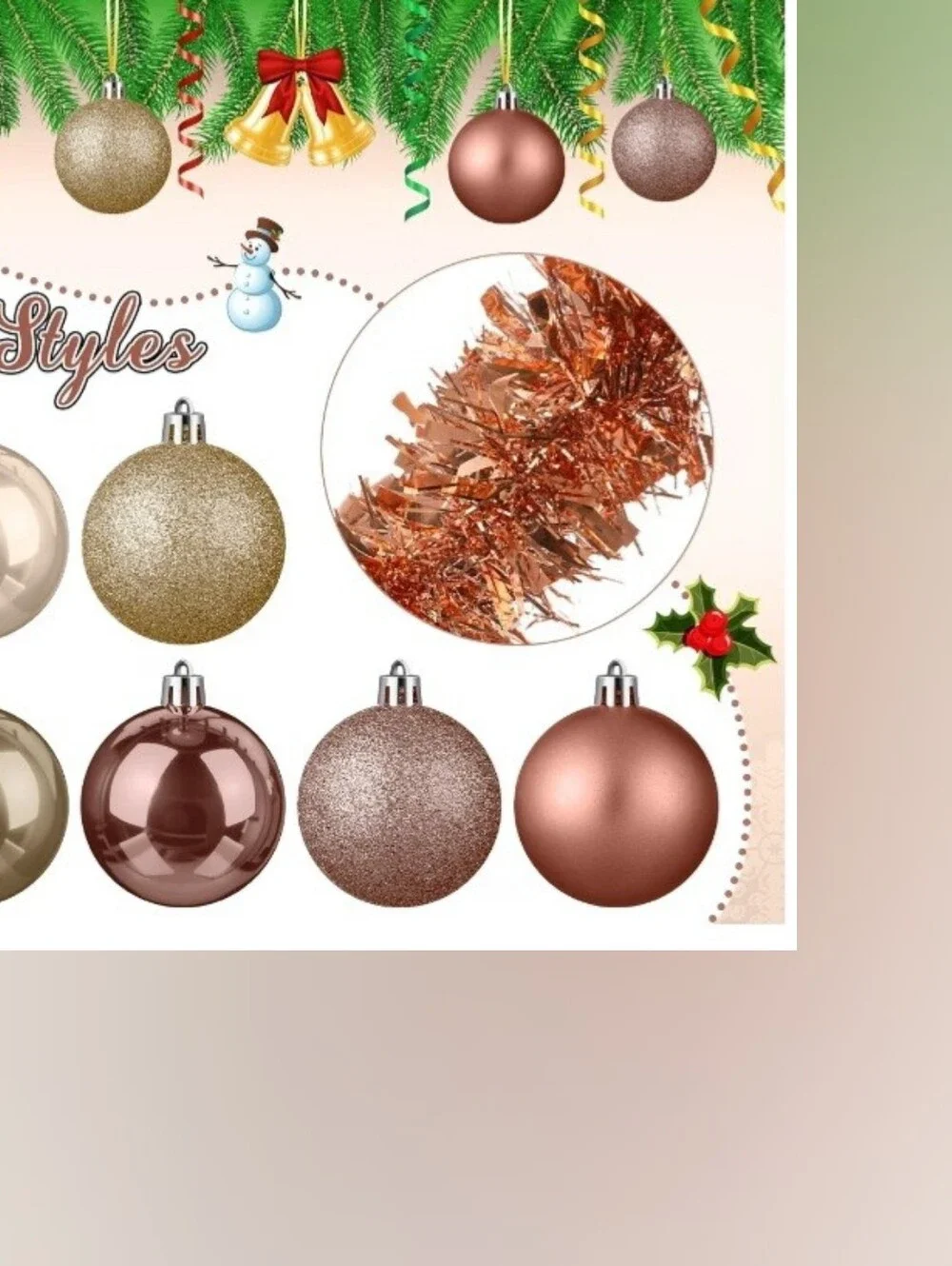 Rose Gold Christmas Tree Tinsel Garland & Ornament Set - Holiday Home Decor. NEW